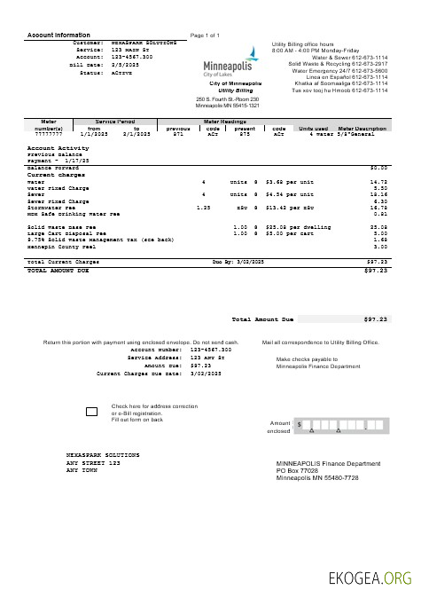 États Unis Minnesota Minneapolis City of Lakes modèle de facture de services publics aux formats Word et PDF